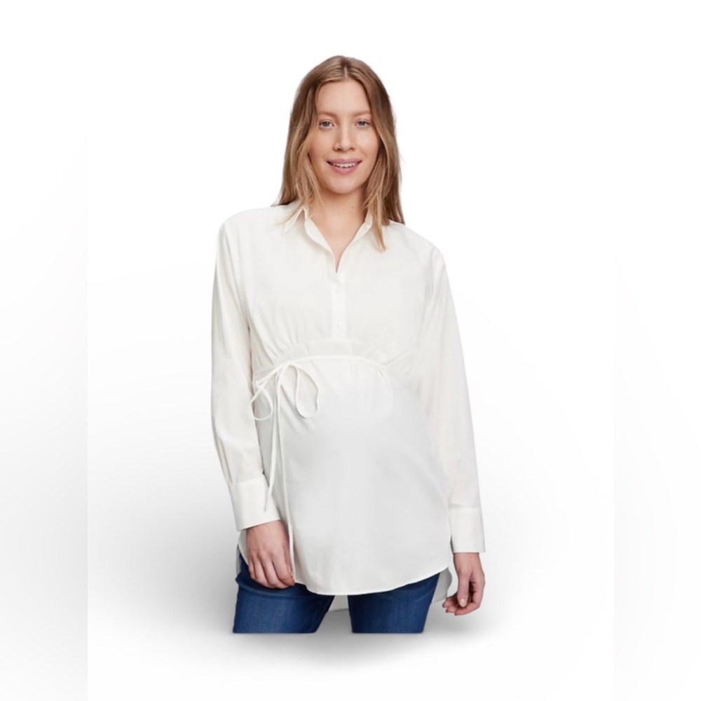 Gap Maternity Poplin Popover Long Sleeve Blouse, White, Size Large, NEW